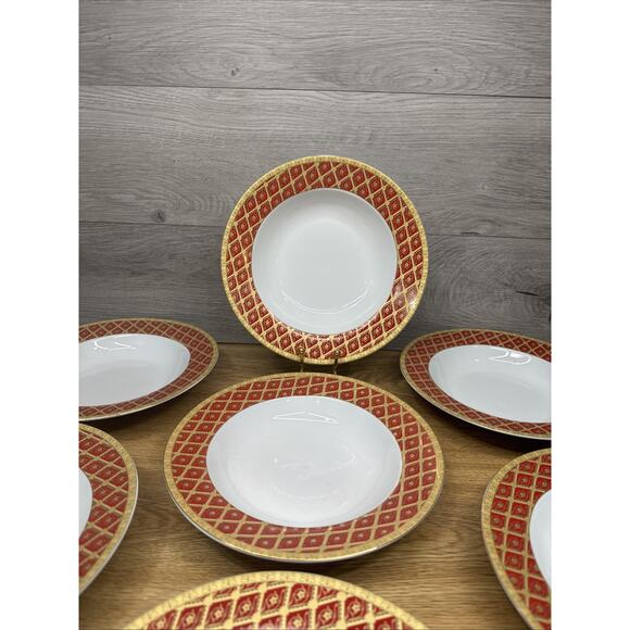 Highgate Manor Royal Tiara Red & Gold Diamond 8.5” Rimmed Soup Bowl~7 Pc Set - Picture 3 of 8